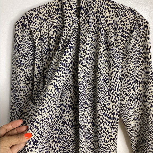 Vintage Tie-Neck Long Sleeve Midi Dress in Cream and Navy Spot 4P - Picture 8 of 15